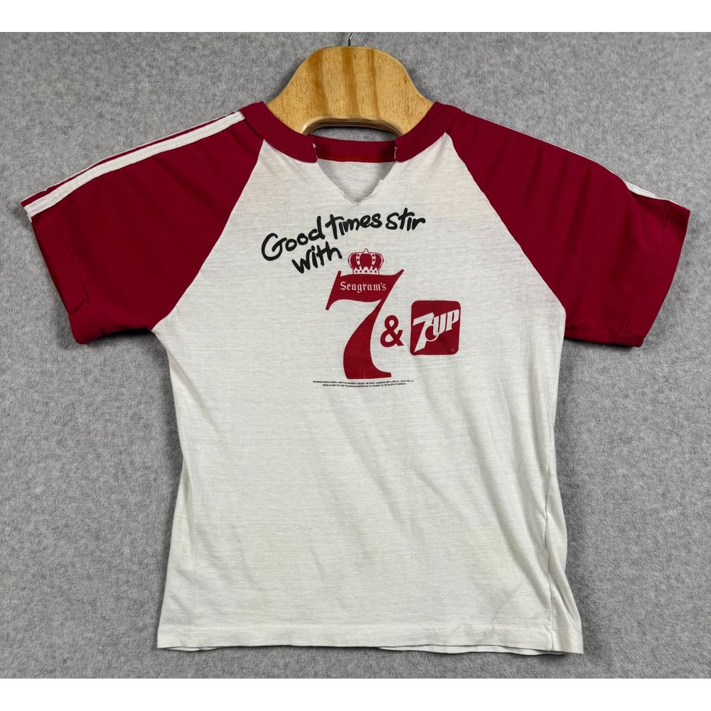 Seagram's 7 & 7UP Graphic Tee Women Small White Red Good Vintage Raglan Shirt
